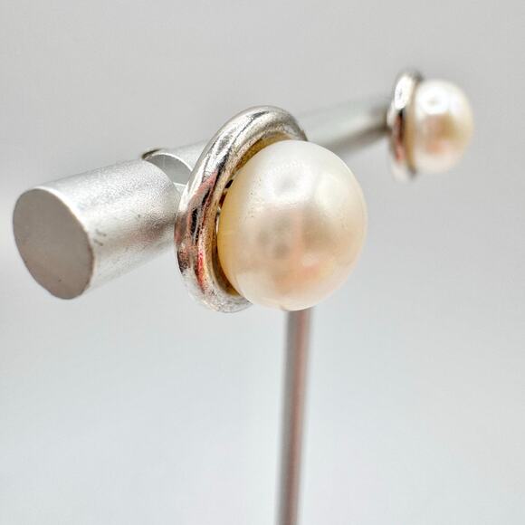 11 mm Pearl Stud Earrings Signed NF 925 Acid Tested Thailand Sterling Silver - Picture 10 of 16